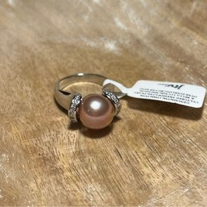 Pink Cultured Freshwater Pearl & CZ 0.18ctw Rhodium Over Sterling Silver Ring